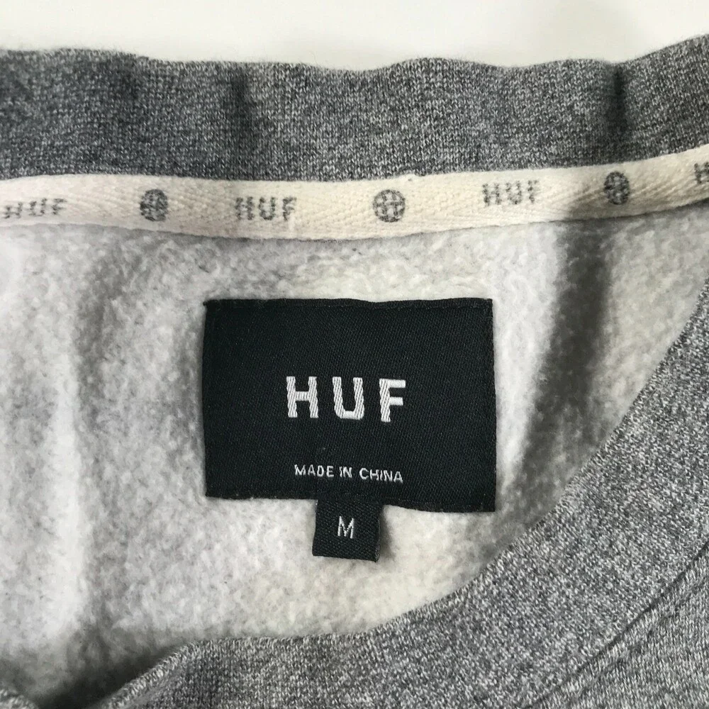 HUF Sweatshirt Mens Medium Heather Gray Black Striped Chest Logo Cotton Blend